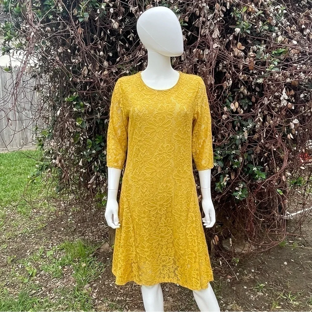 L & B Lucky & Blessed Lace Overlay Lined Mustard Yellow Midi Dress